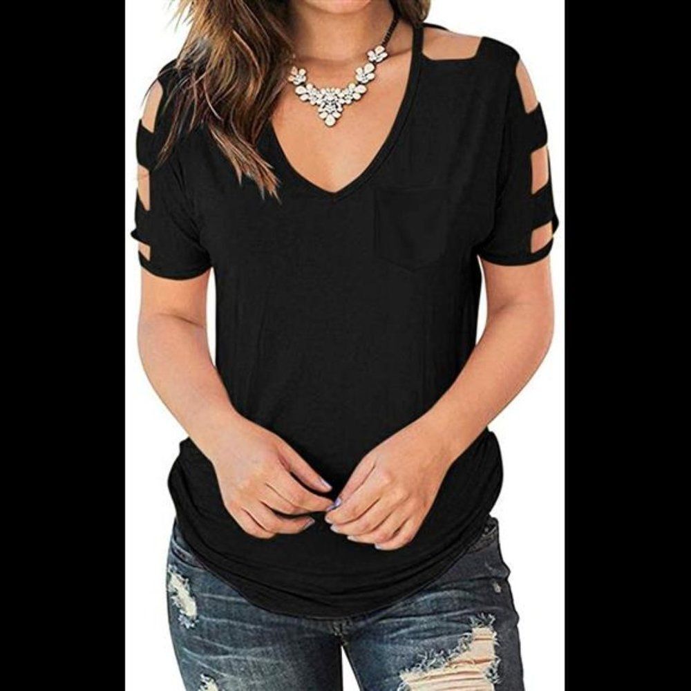 Short Sleeve Cold Shoulder Tee Tops Sexy V Neck T Shirts